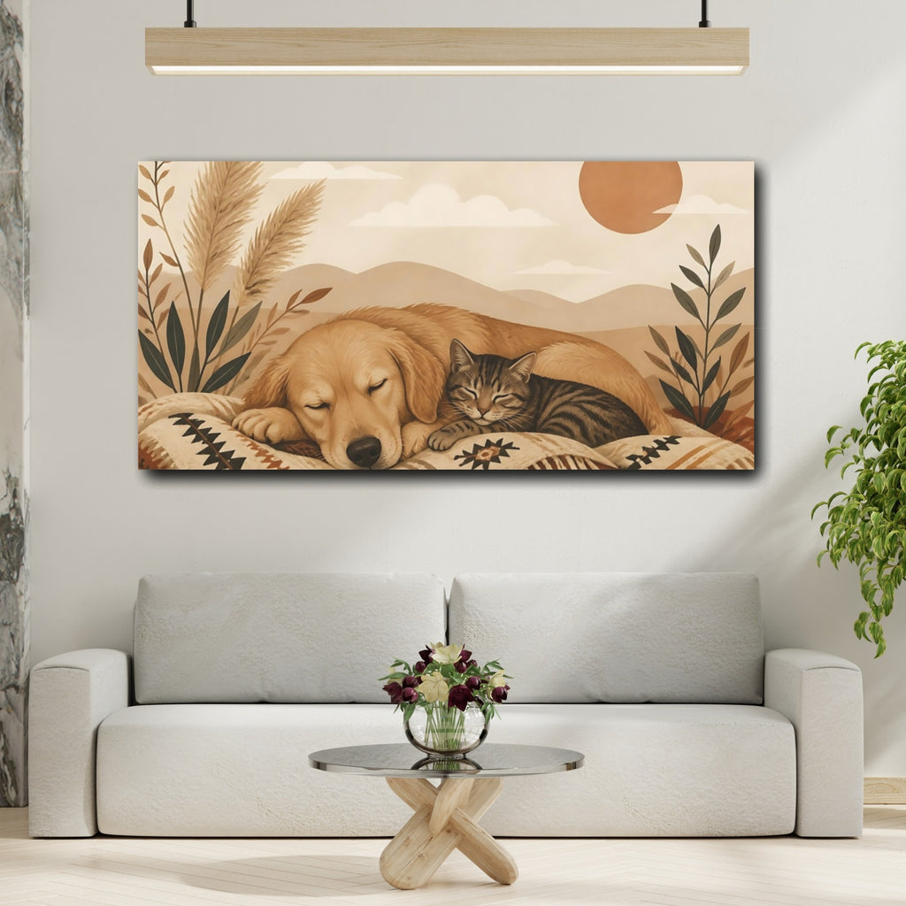Mockup 2. Animals Sleeping Pets Boho Dog Cat shown as stretched canvas wall art