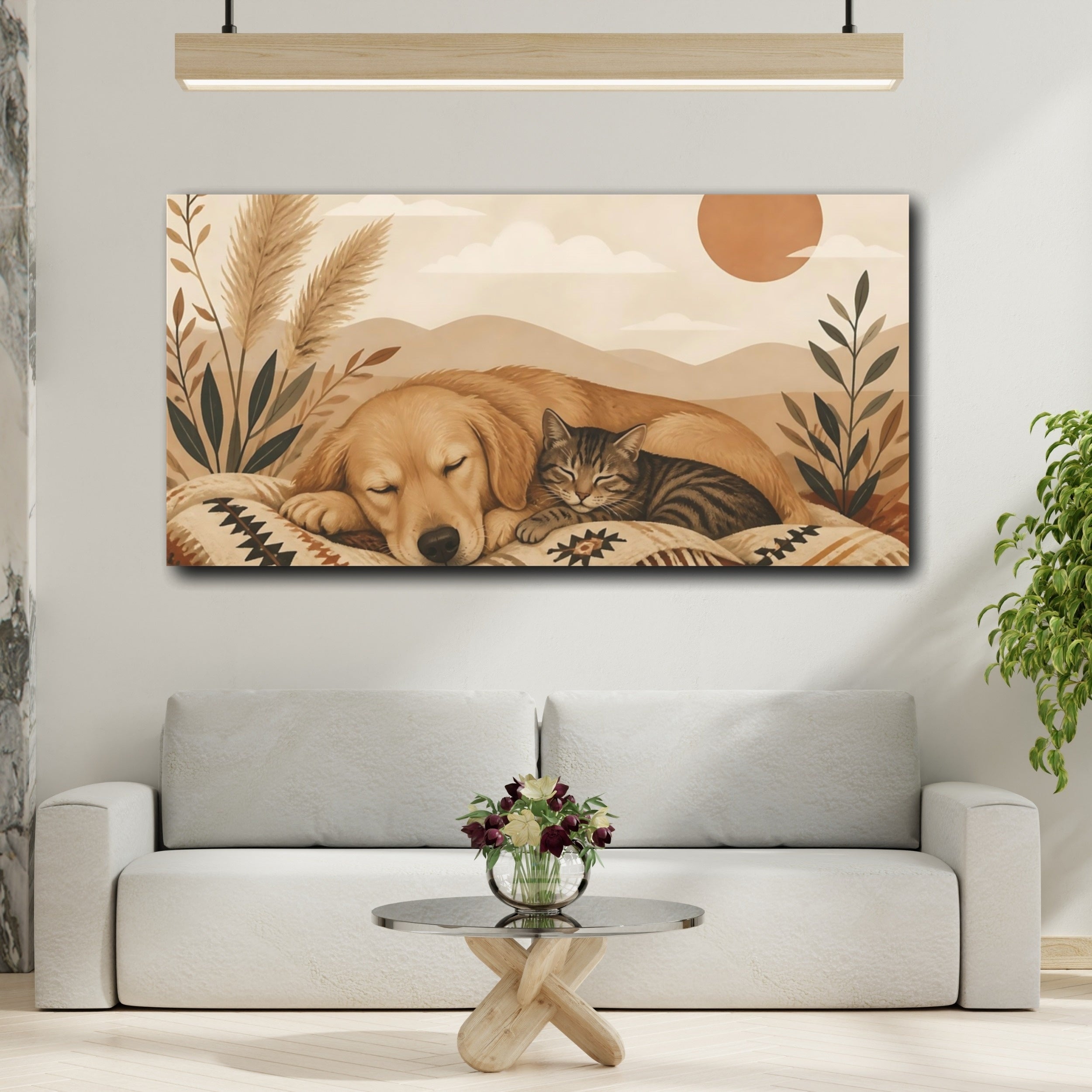 Mockup 2. Animals Sleeping Pets Boho Dog Cat shown as stretched canvas wall art
