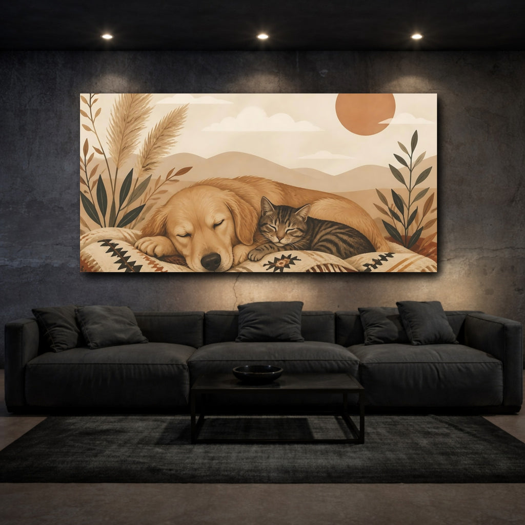 Mockup 3. Animals Sleeping Pets Boho Dog Cat shown as stretched canvas wall art