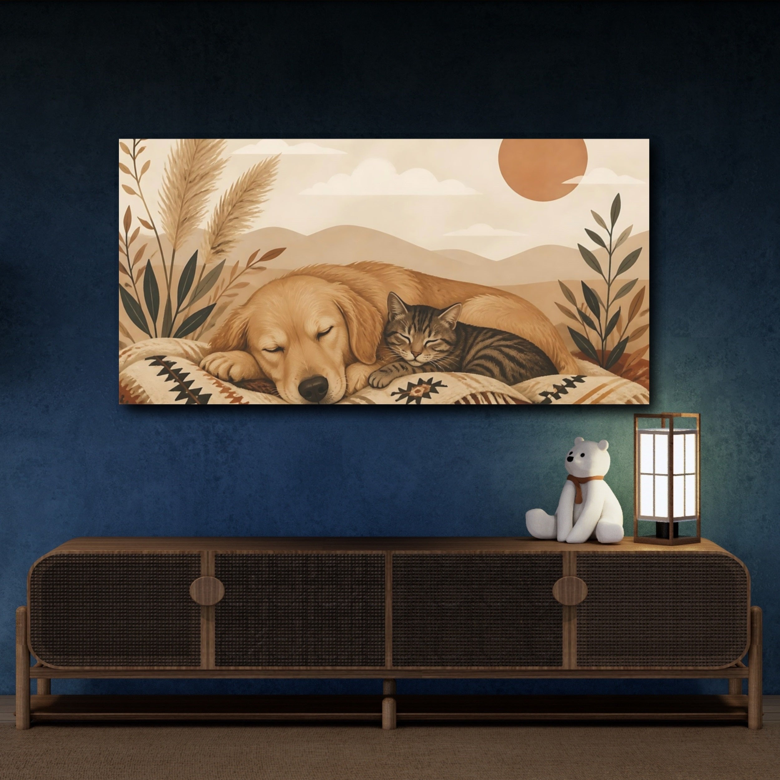 Mockup 4. Animals Sleeping Pets Boho Dog Cat shown as stretched canvas wall art