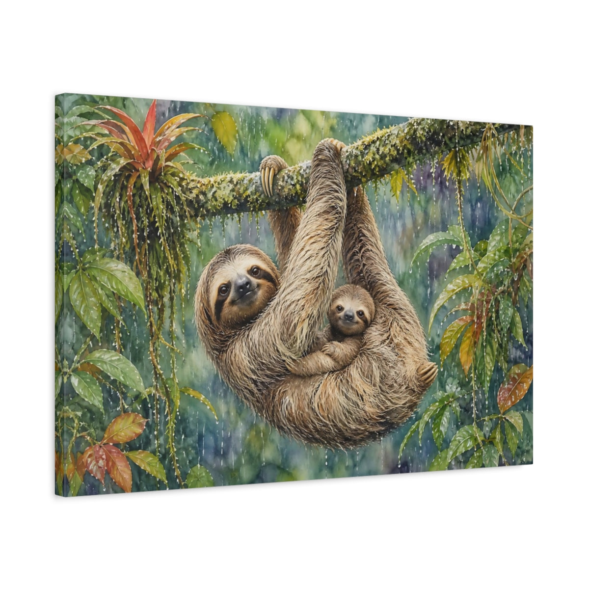 Side Mockup 2. Animals Sloths Brown Sloth shown as stretched canvas wall art