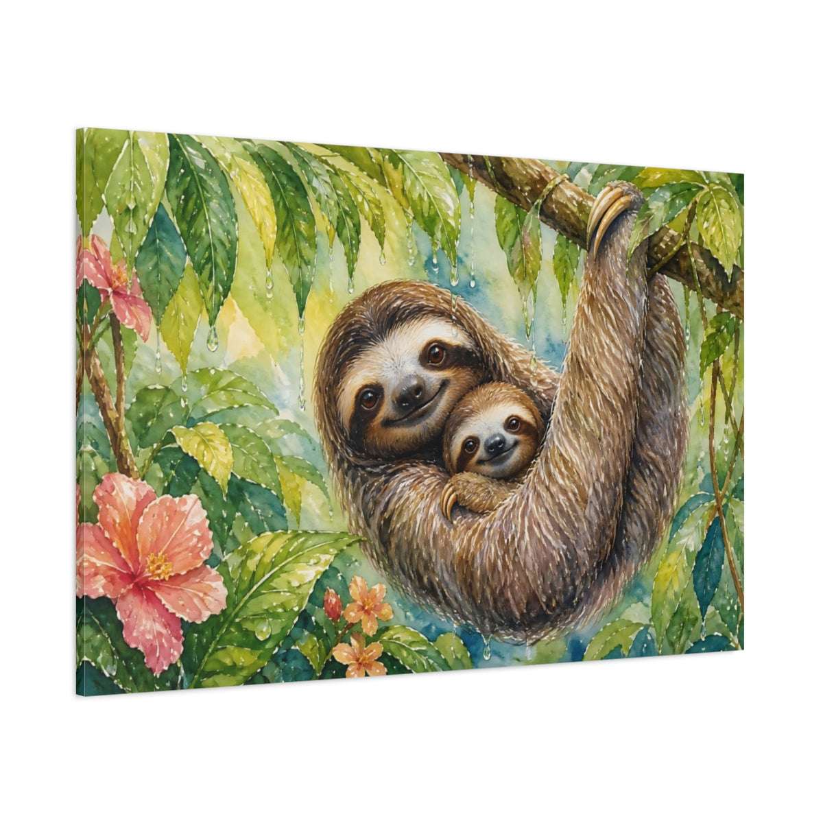 Side Mockup 1. Animals Sloths Watercolor Sloths shown as stretched canvas wall art