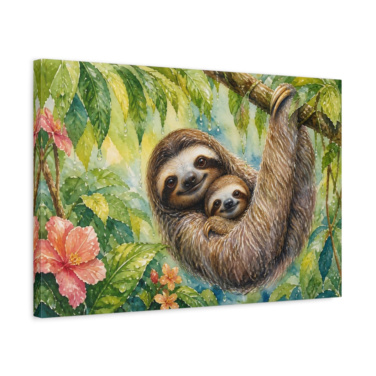 Side Mockup 3. Animals Sloths Watercolor Sloths shown as stretched canvas wall art