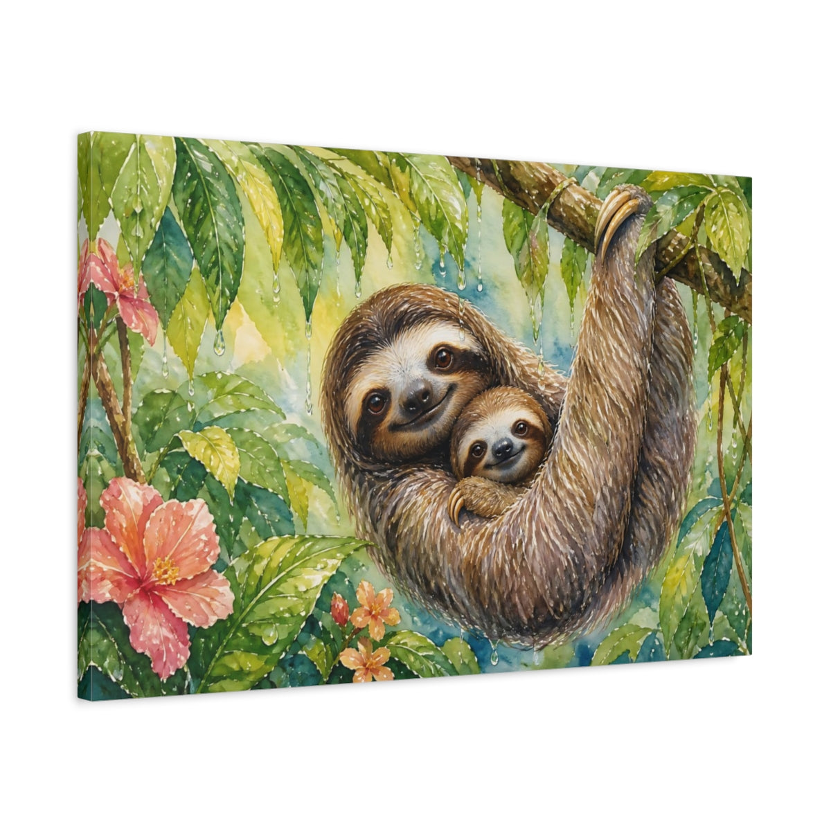 Side Mockup 2. Animals Sloths Watercolor Sloths shown as stretched canvas wall art