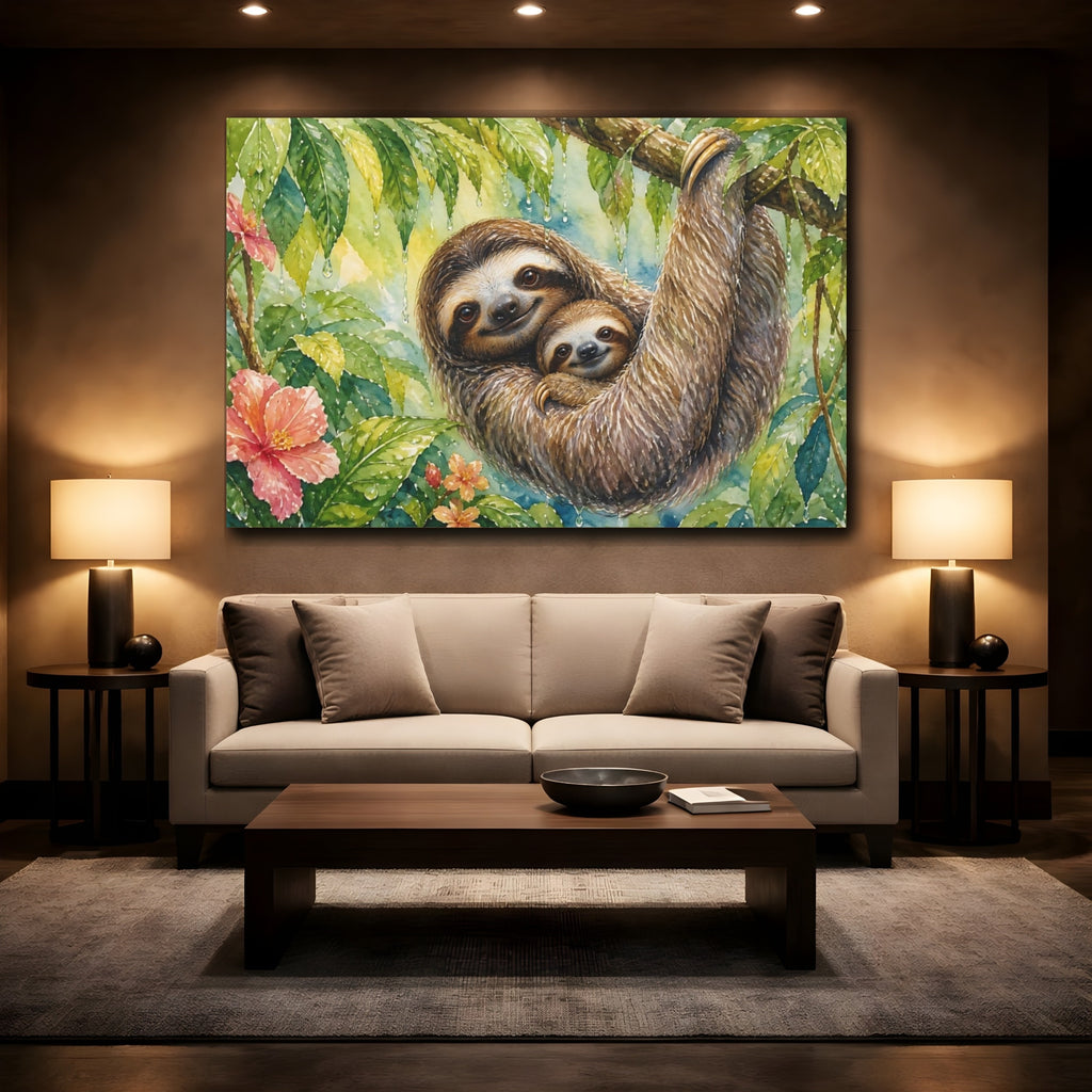 Mockup 2. Animals Sloths Watercolor Sloths shown as stretched canvas wall art
