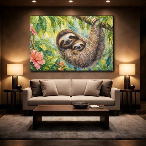 Mockup 2. Animals Sloths Watercolor Sloths shown as stretched canvas wall art