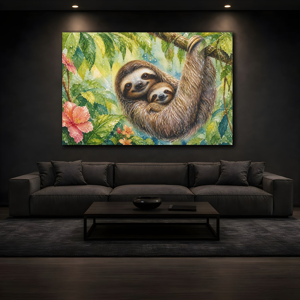 Mockup 3. Animals Sloths Watercolor Sloths shown as stretched canvas wall art