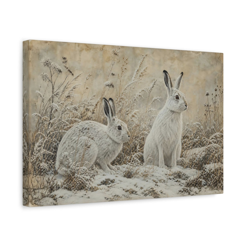 Side Mockup 4. Animals Snow Hares White Hares shown as canvas print