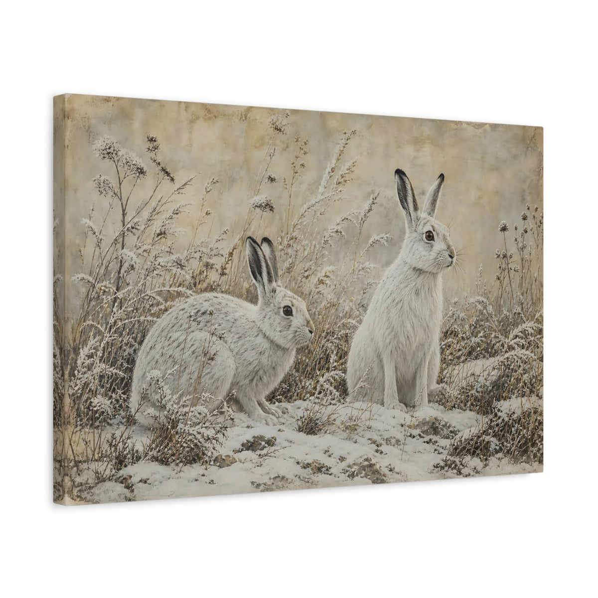 Side Mockup 3. Animals Snow Hares White Hares shown as canvas print
