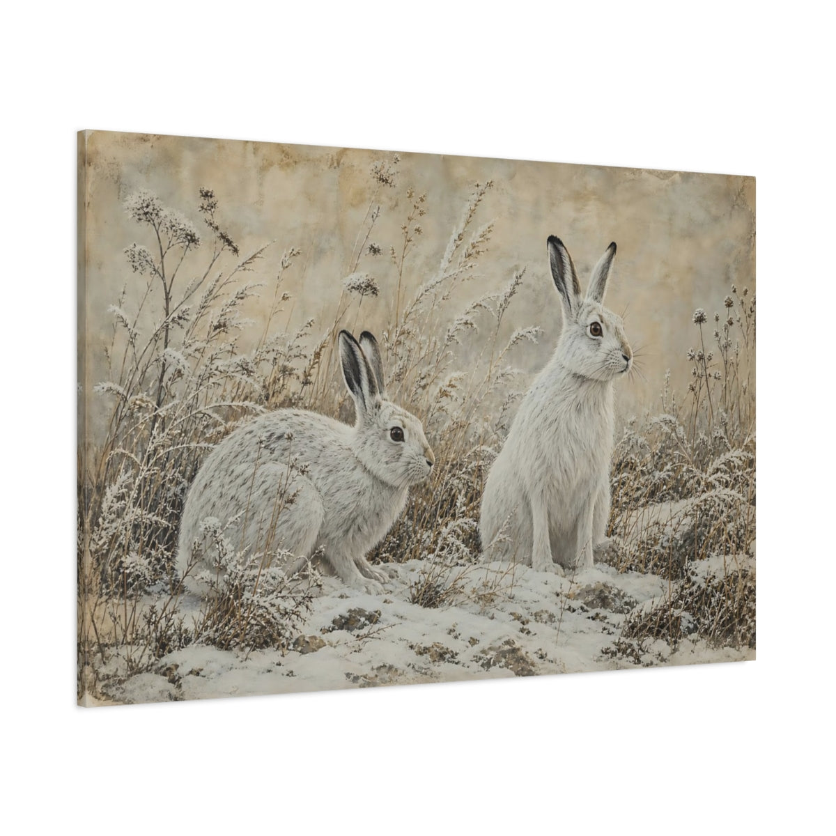Side Mockup 1. Animals Snow Hares White Hares shown as canvas print