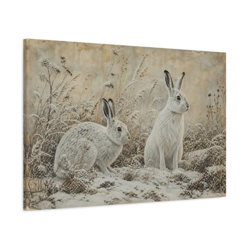 Main Mockup. Animals Snow Hares White Hares shown as canvas print
