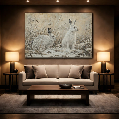 Mockup 2. Animals Snow Hares White Hares shown as canvas print