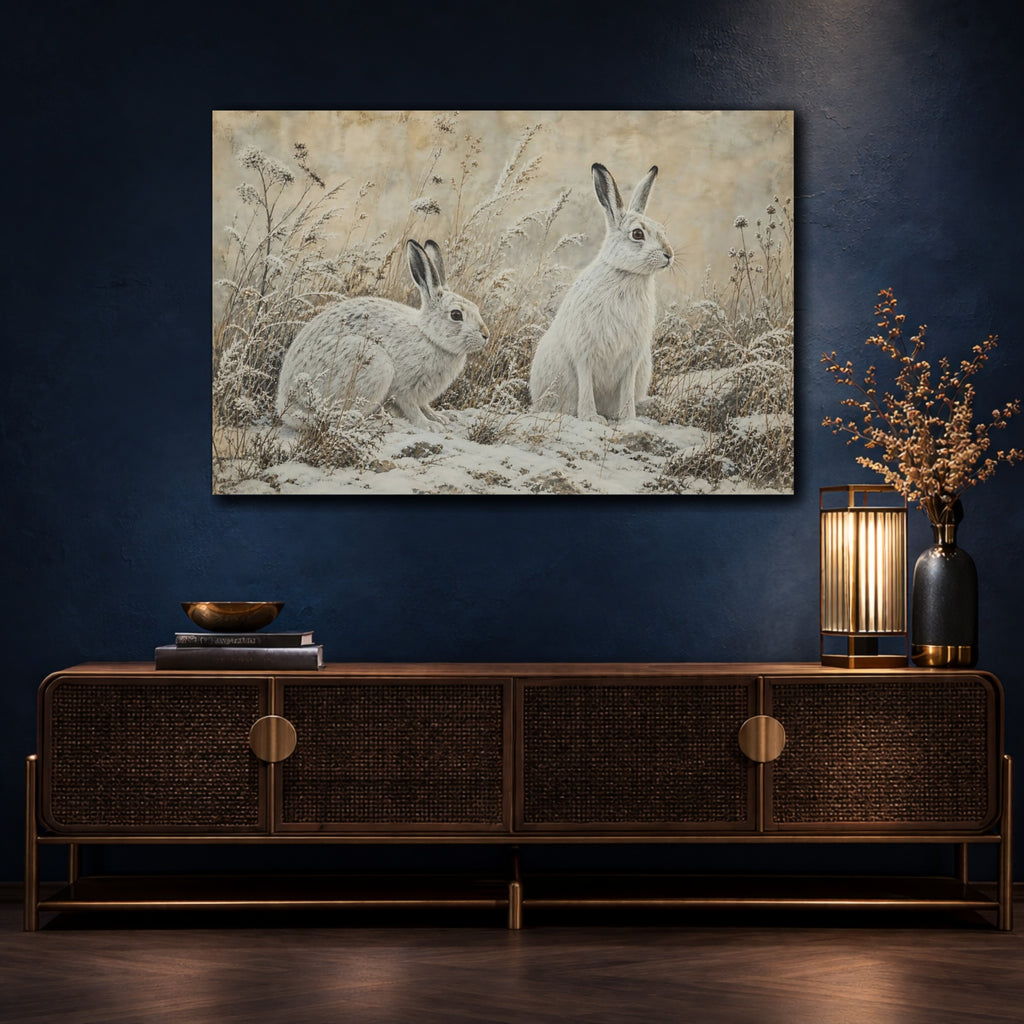 Mockup 4. Animals Snow Hares White Hares shown as canvas print