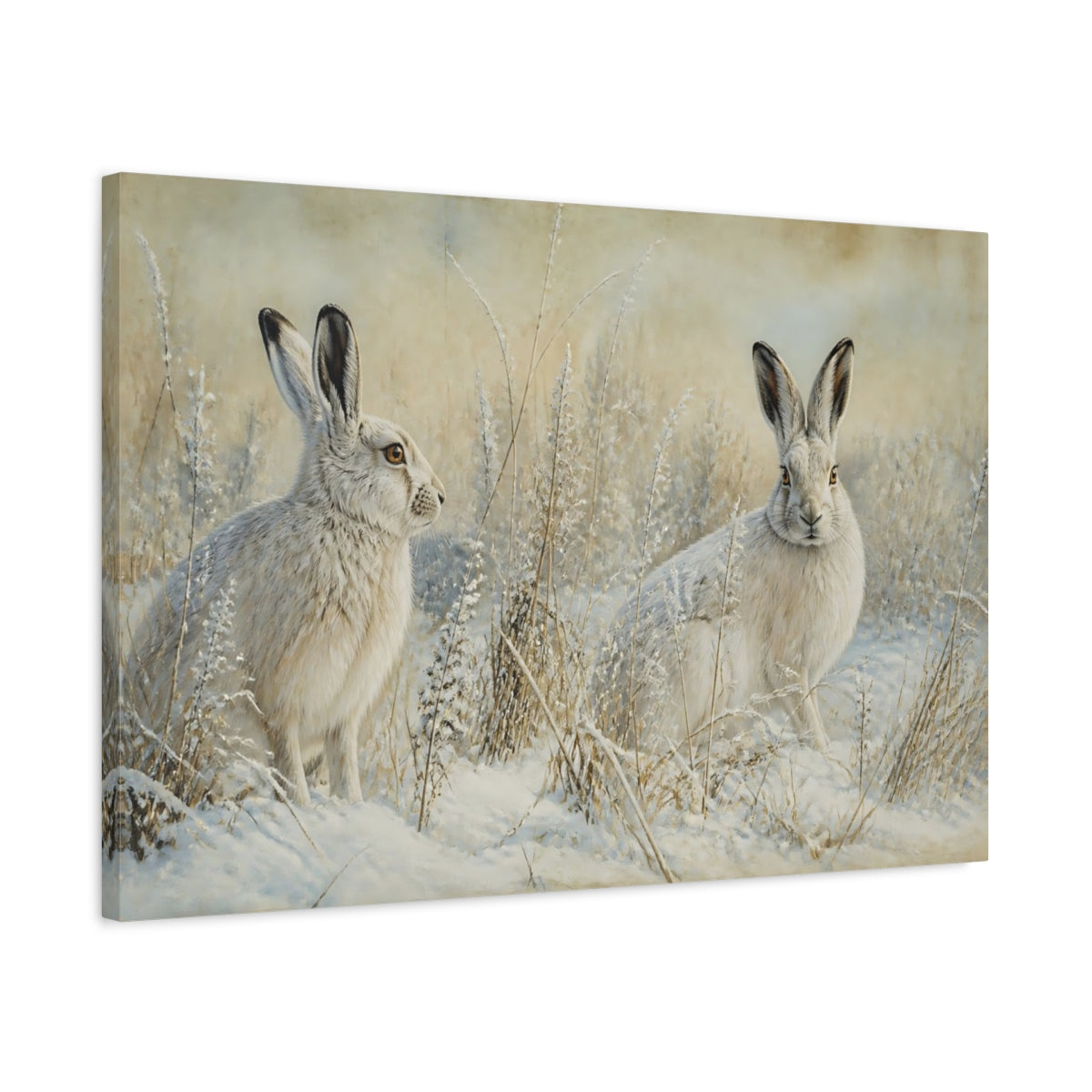 Side Mockup 2. Animals Snow Hares Winter White Hares shown as canvas print