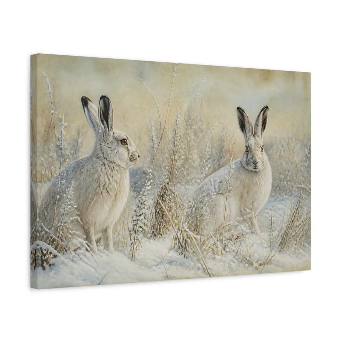 Side Mockup 3. Animals Snow Hares Winter White Hares shown as canvas print