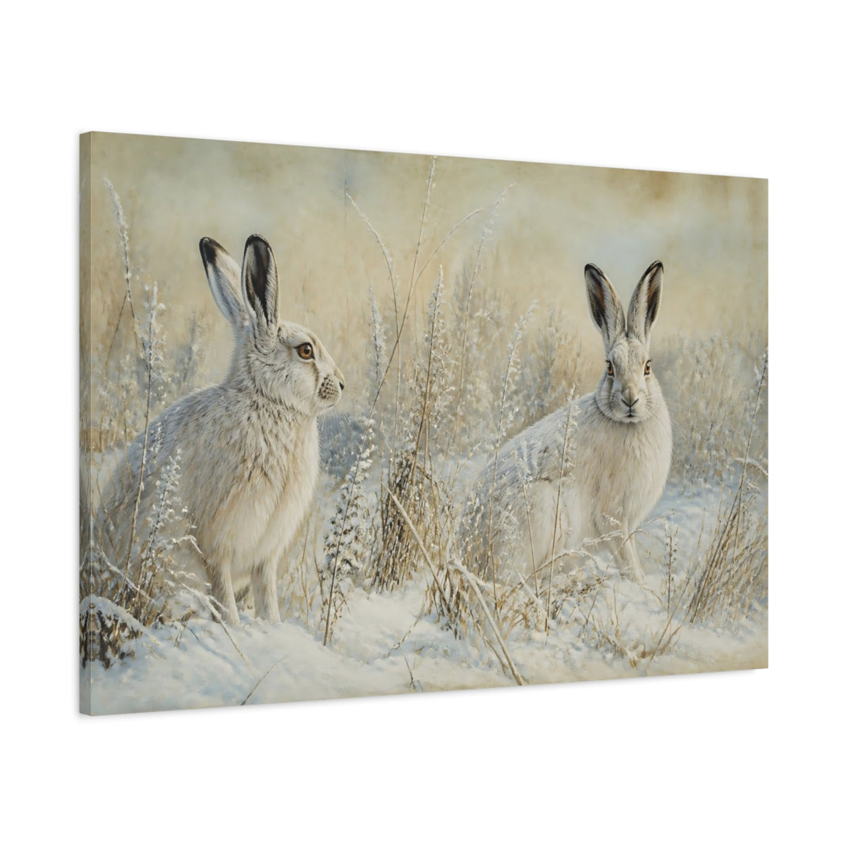 Main Mockup. Animals Snow Hares Winter White Hares shown as canvas print