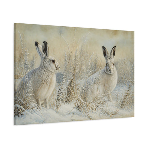 Main Mockup. Animals Snow Hares Winter White Hares shown as canvas print