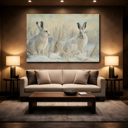 Mockup 2. Animals Snow Hares Winter White Hares shown as canvas print