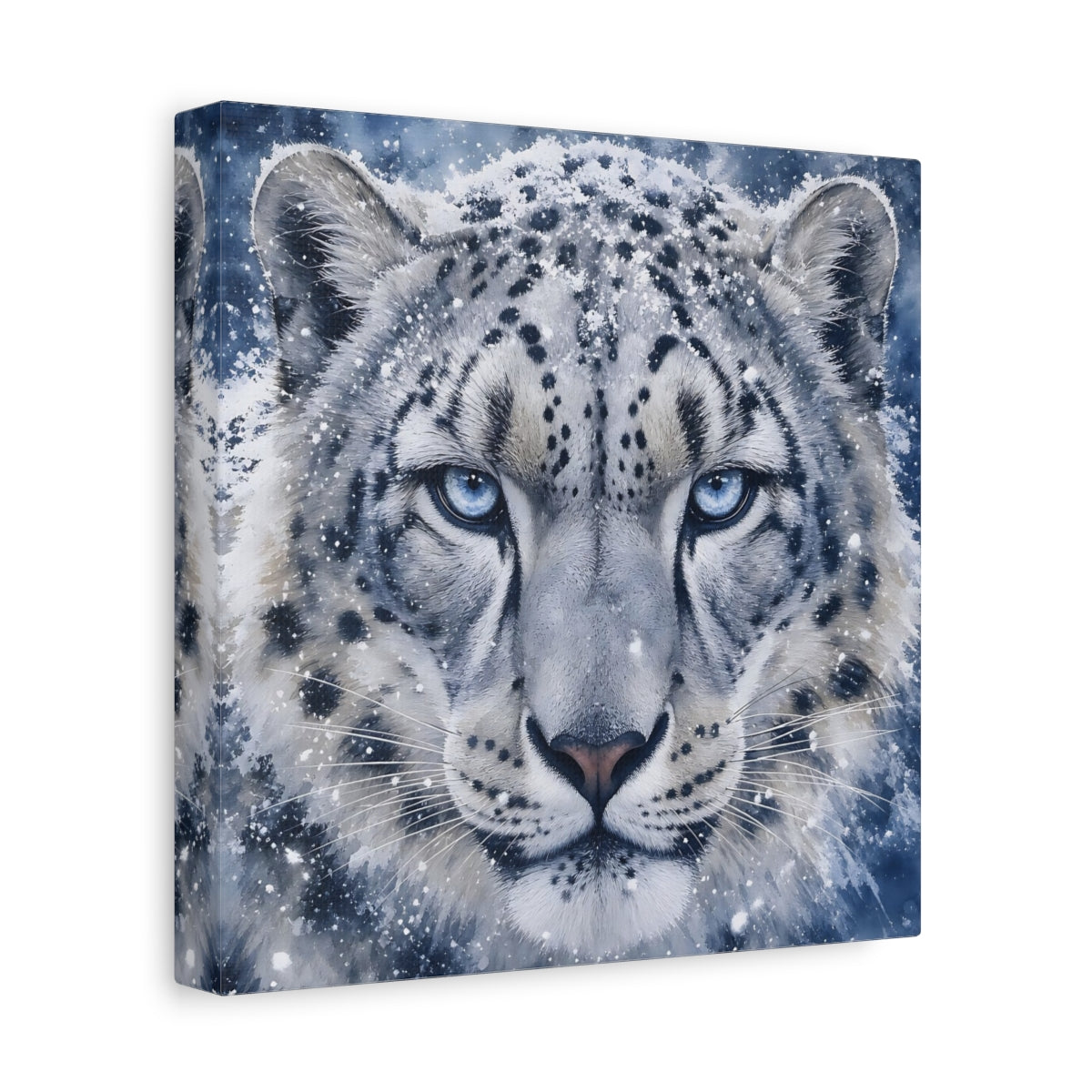 Side Mockup 9. Animals Snow Leopard Snow Leopard Blue shown as stretched canvas wall art
