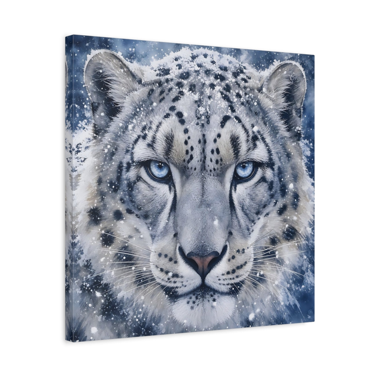 Side Mockup 5. Animals Snow Leopard Snow Leopard Blue shown as stretched canvas wall art