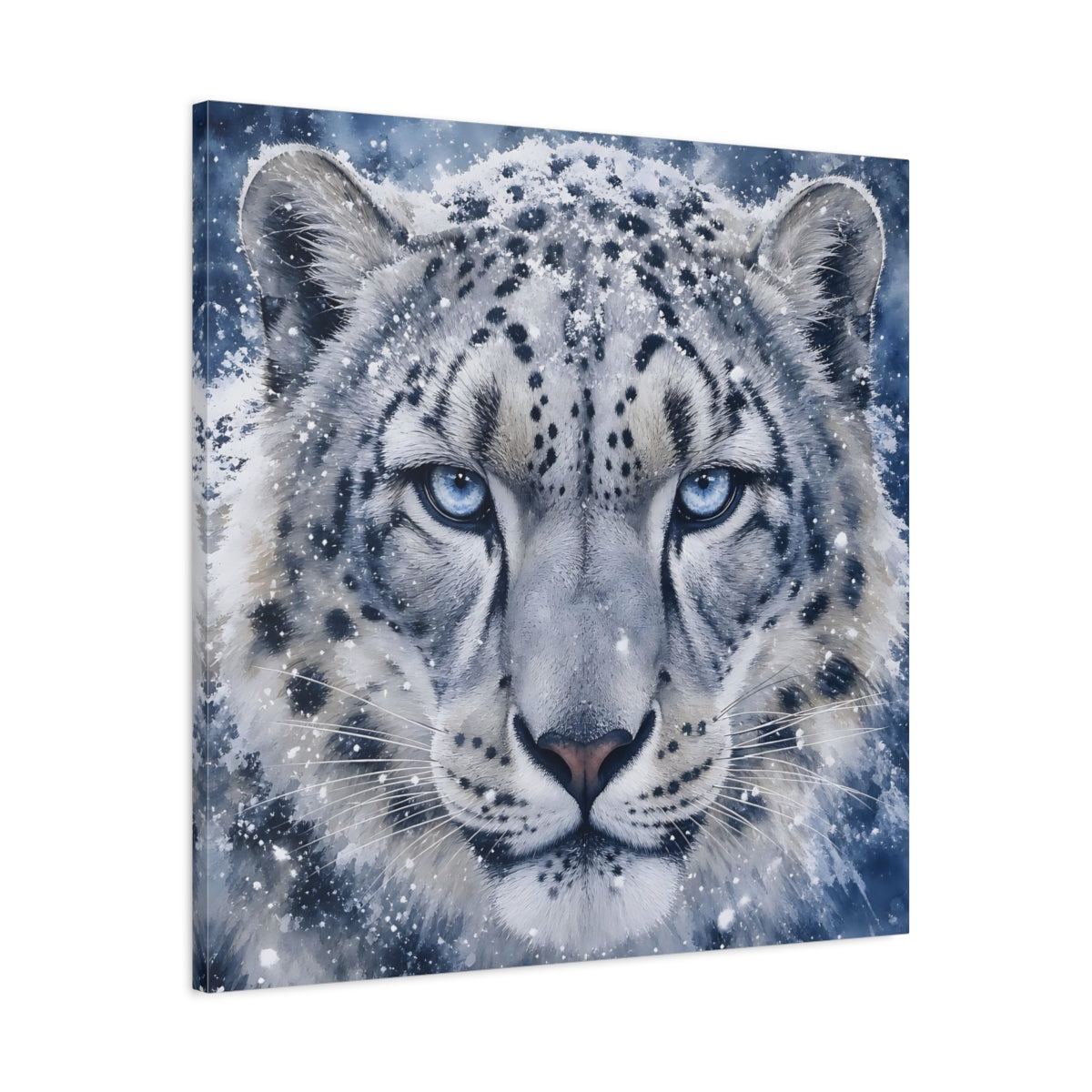 Side Mockup 3. Animals Snow Leopard Snow Leopard Blue shown as stretched canvas wall art
