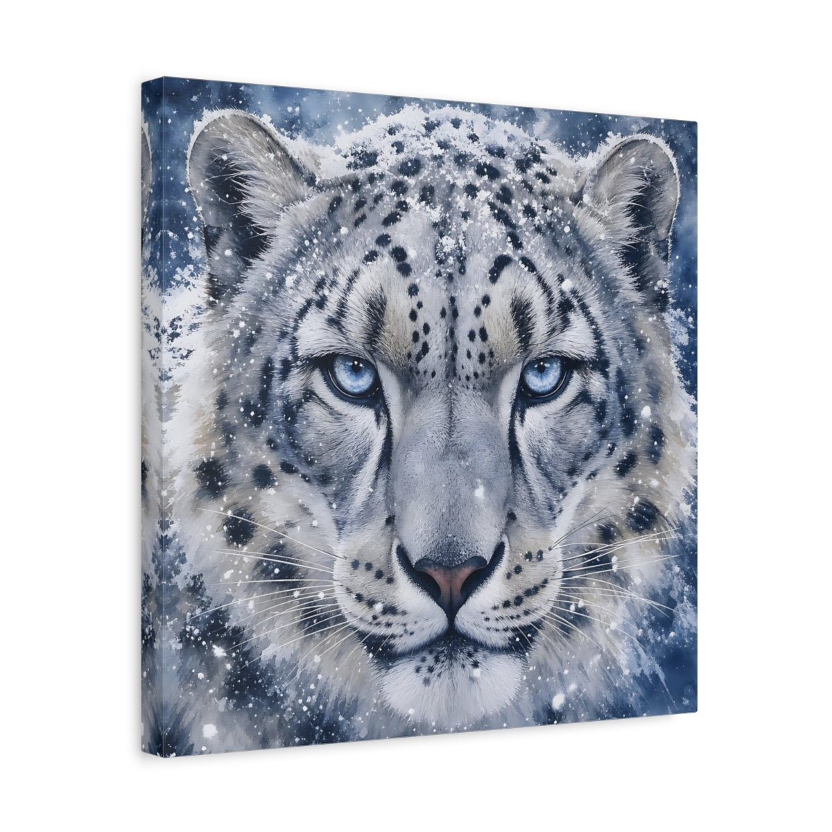 Side Mockup 6. Animals Snow Leopard Snow Leopard Blue shown as stretched canvas wall art