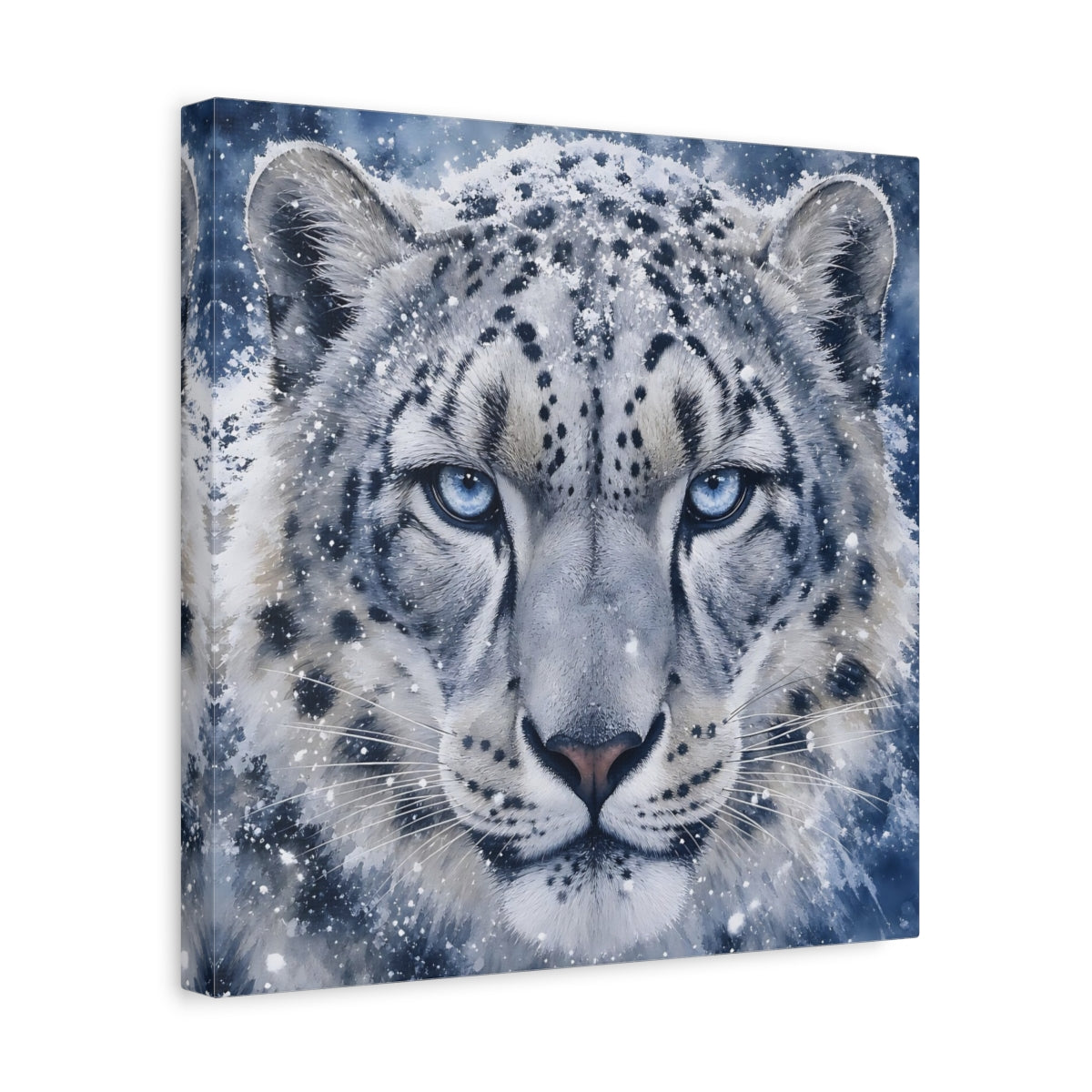 Side Mockup 7. Animals Snow Leopard Snow Leopard Blue shown as stretched canvas wall art