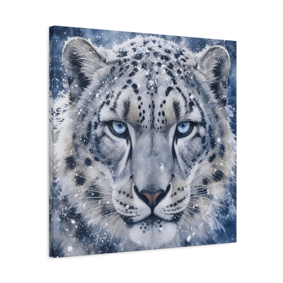 Side Mockup 4. Animals Snow Leopard Snow Leopard Blue shown as stretched canvas wall art