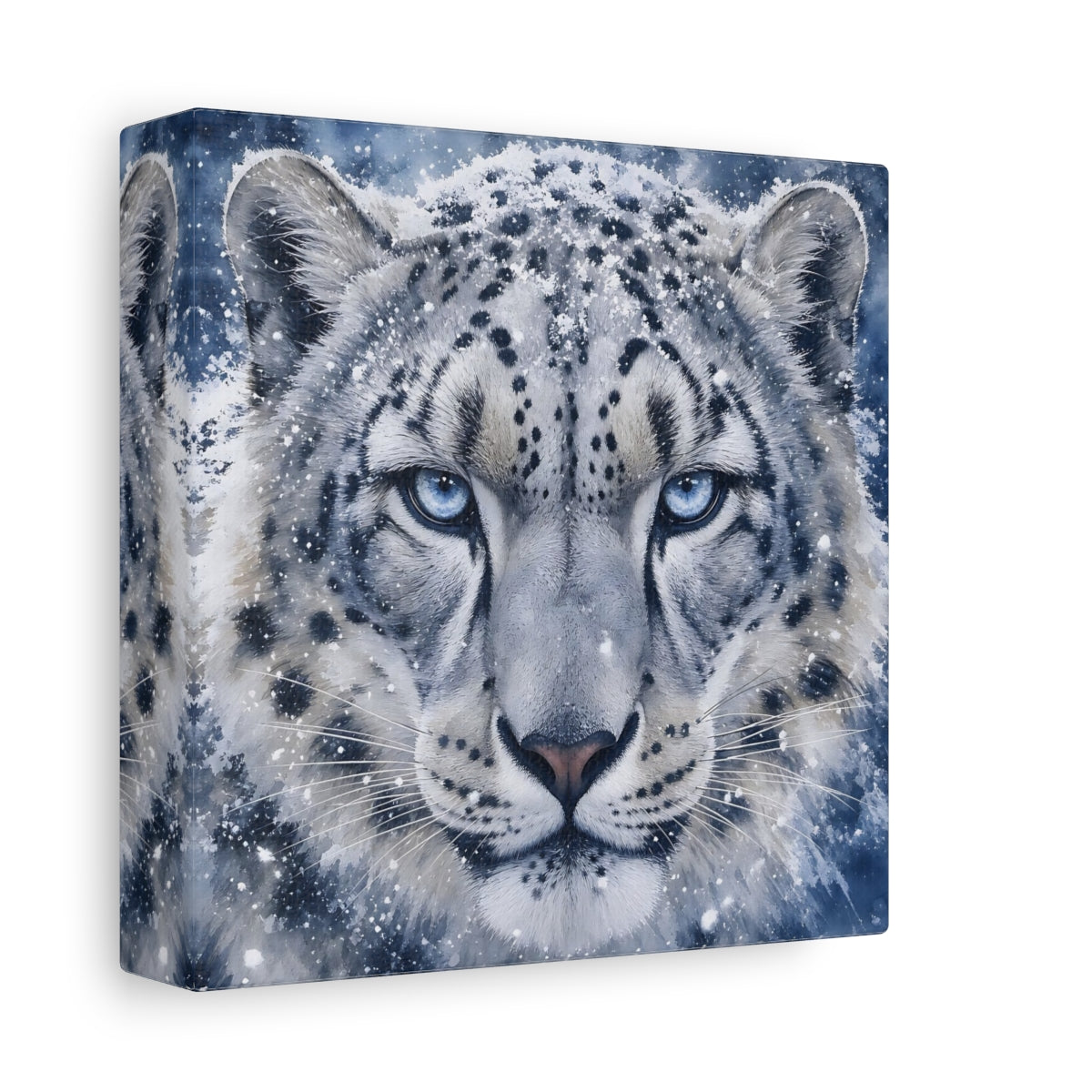 Side Mockup 2. Animals Snow Leopard Snow Leopard Blue shown as stretched canvas wall art