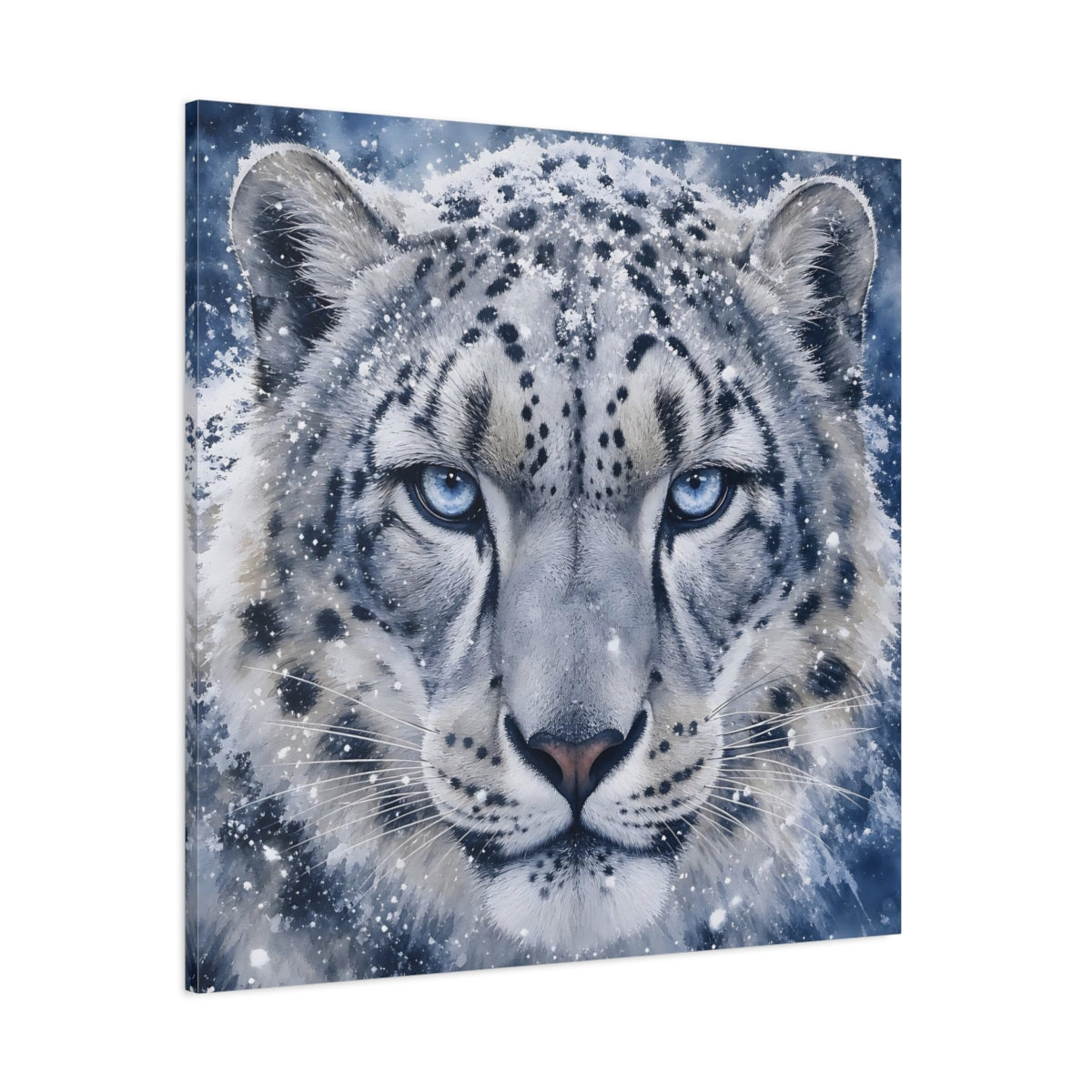 Side Mockup 1. Animals Snow Leopard Snow Leopard Blue shown as stretched canvas wall art