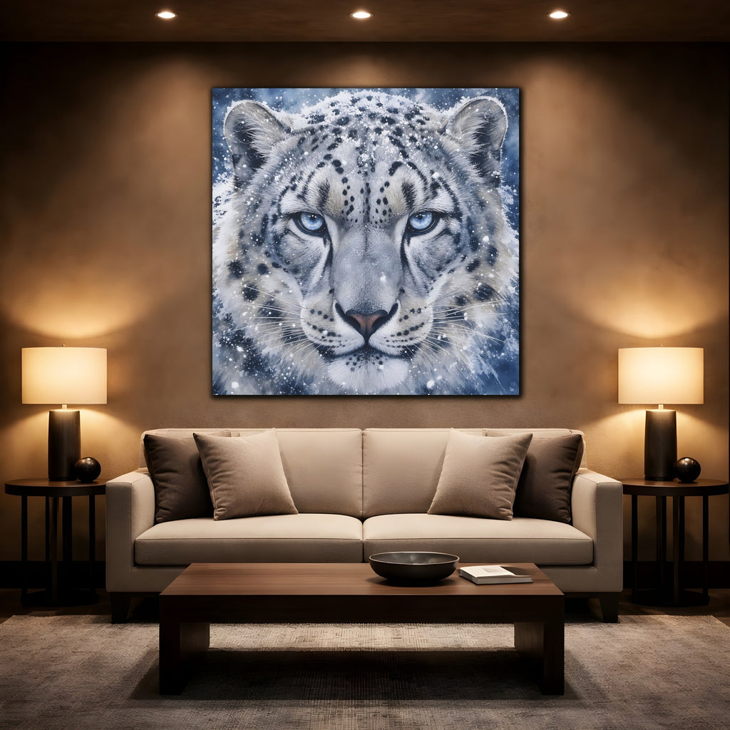 Mockup 2. Animals Snow Leopard Snow Leopard Blue shown as stretched canvas wall art