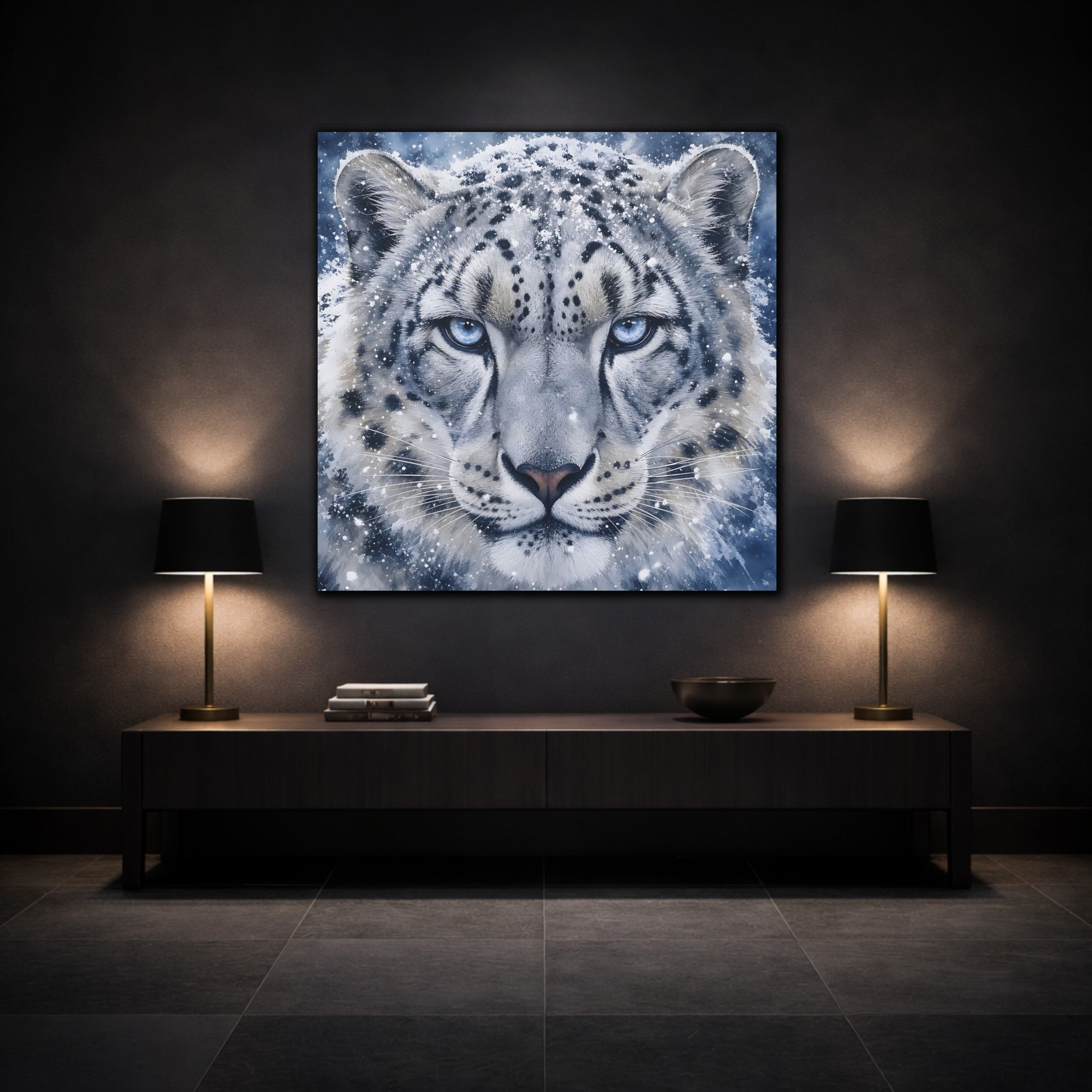 Mockup 3. Animals Snow Leopard Snow Leopard Blue shown as stretched canvas wall art
