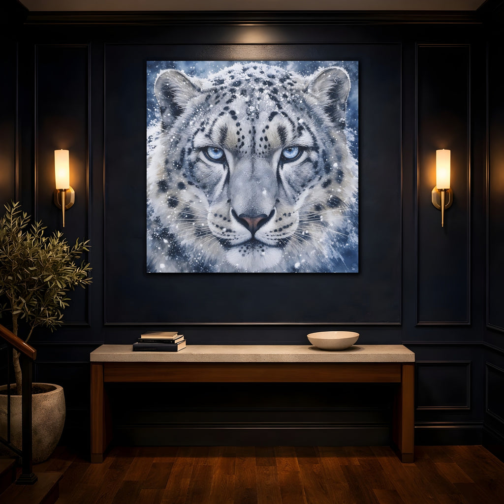 Mockup 4. Animals Snow Leopard Snow Leopard Blue shown as stretched canvas wall art