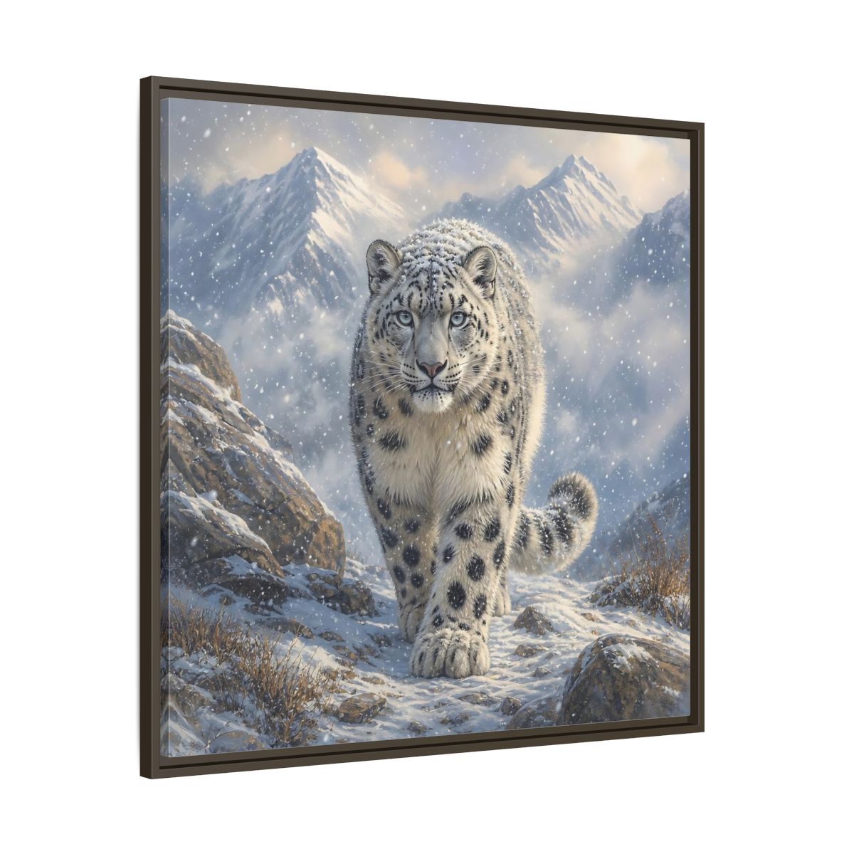 Main Mockup. Animals Snow Leopard Snow Leopard Winter shown as stretched canvas wall art