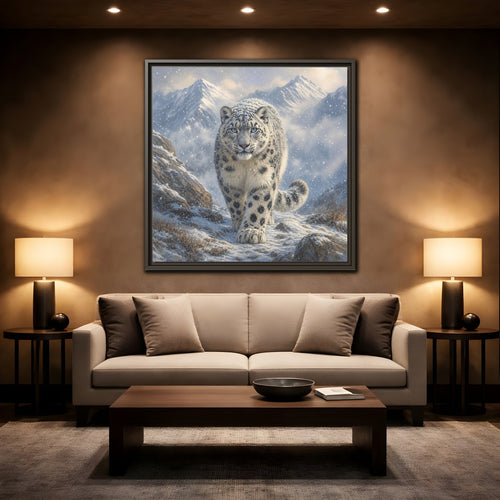 Mockup 2. Animals Snow Leopard Snow Leopard Winter shown as stretched canvas wall art