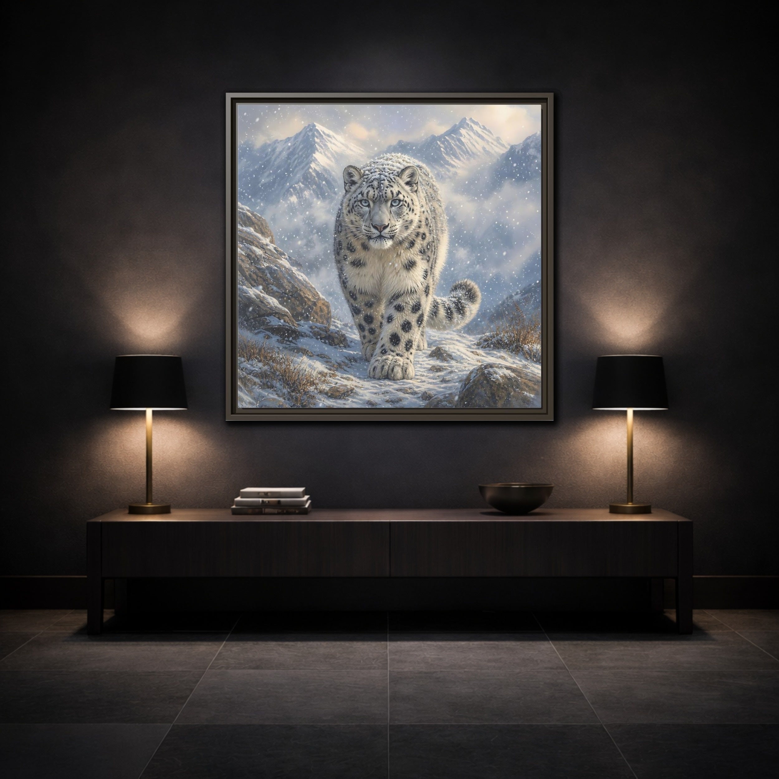 Mockup 3. Animals Snow Leopard Snow Leopard Winter shown as stretched canvas wall art