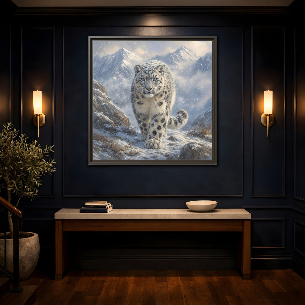 Mockup 4. Animals Snow Leopard Snow Leopard Winter shown as stretched canvas wall art