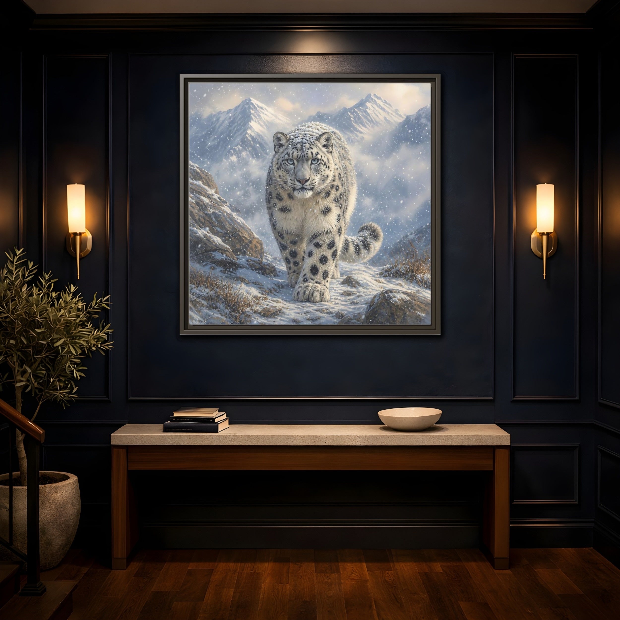Mockup 4. Animals Snow Leopard Snow Leopard Winter shown as stretched canvas wall art
