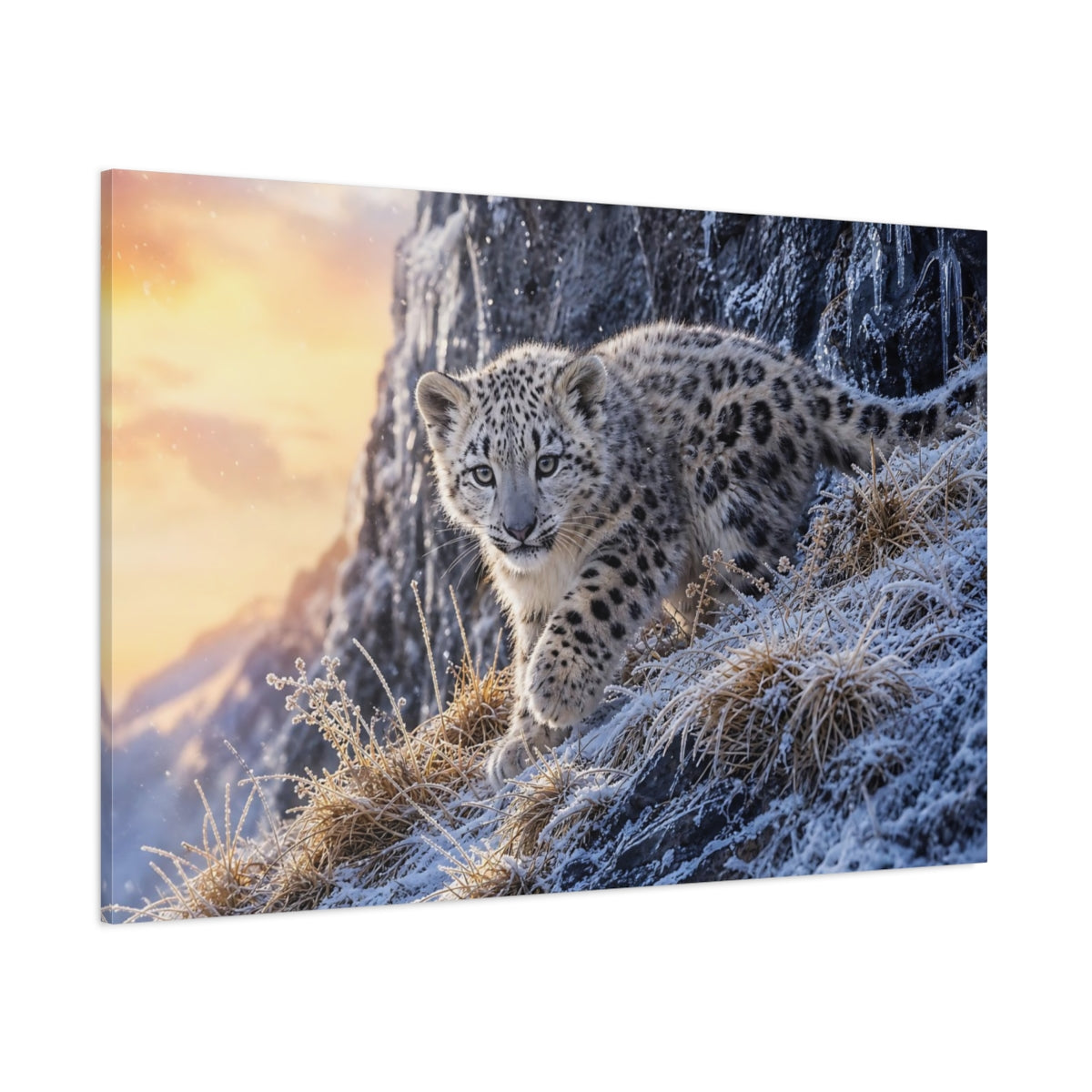 Side Mockup 1. Animals Snow Leopard Snow Leopard Winter shown as canvas print