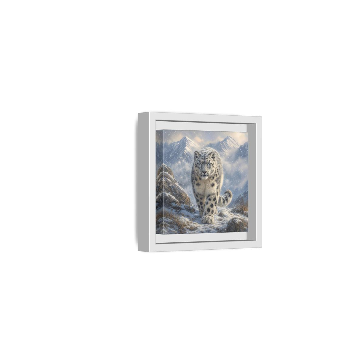 Side Mockup 22. Animals Snow Leopard Snow Leopard Winter shown as stretched canvas wall art