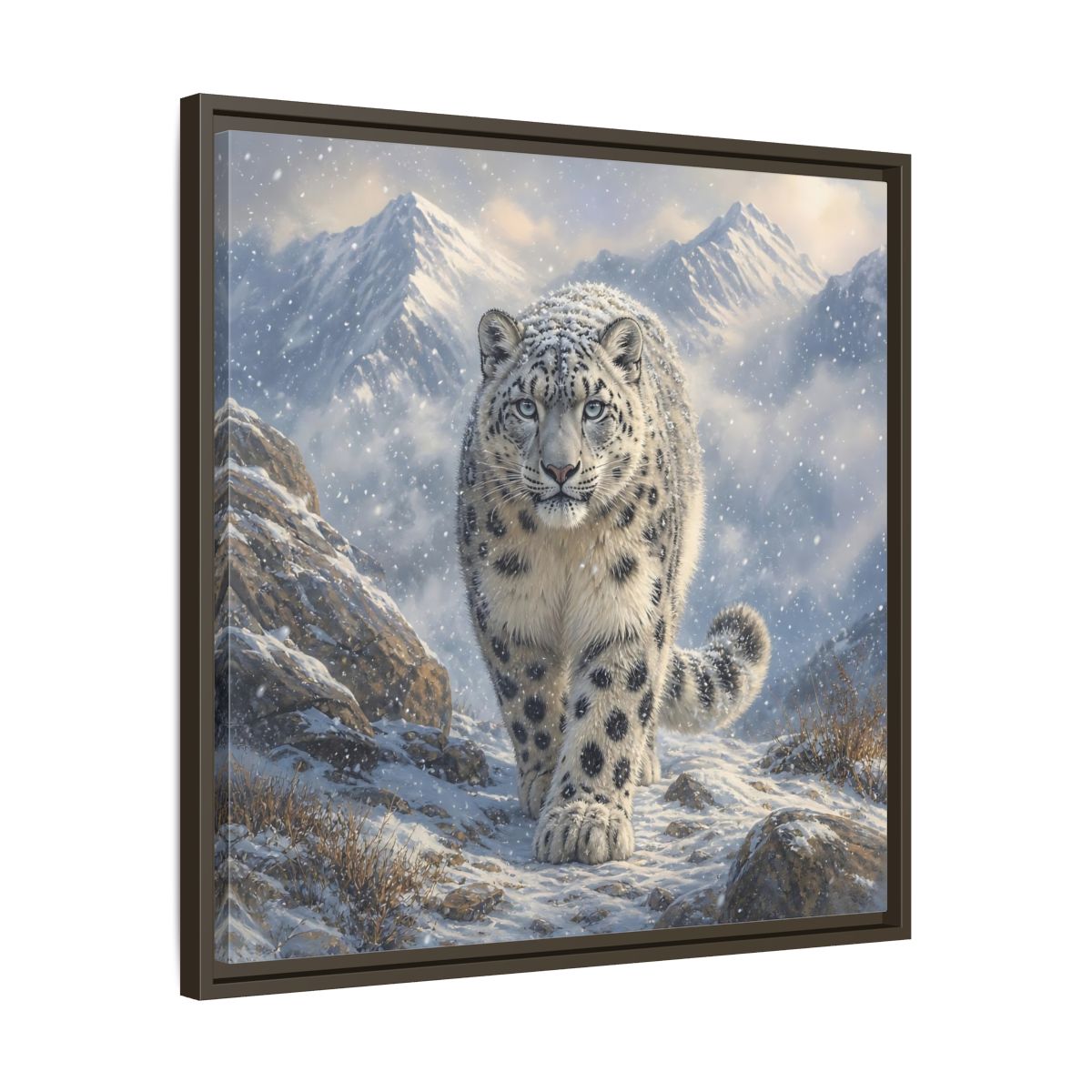 Side Mockup 27. Animals Snow Leopard Snow Leopard Winter shown as stretched canvas wall art