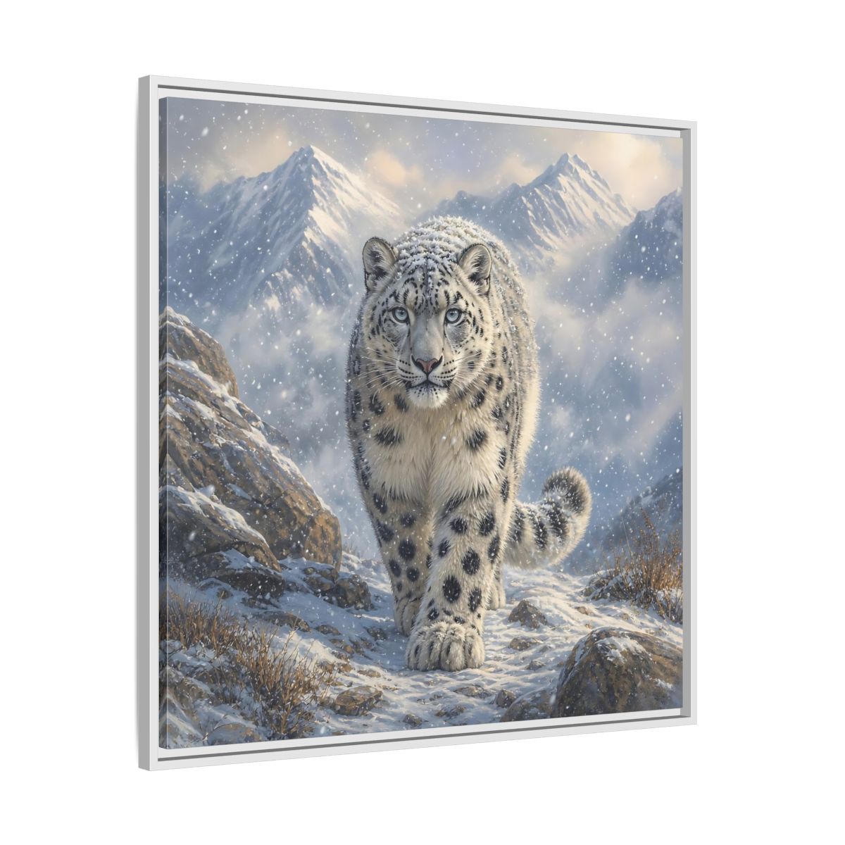 Side Mockup 25. Animals Snow Leopard Snow Leopard Winter shown as stretched canvas wall art