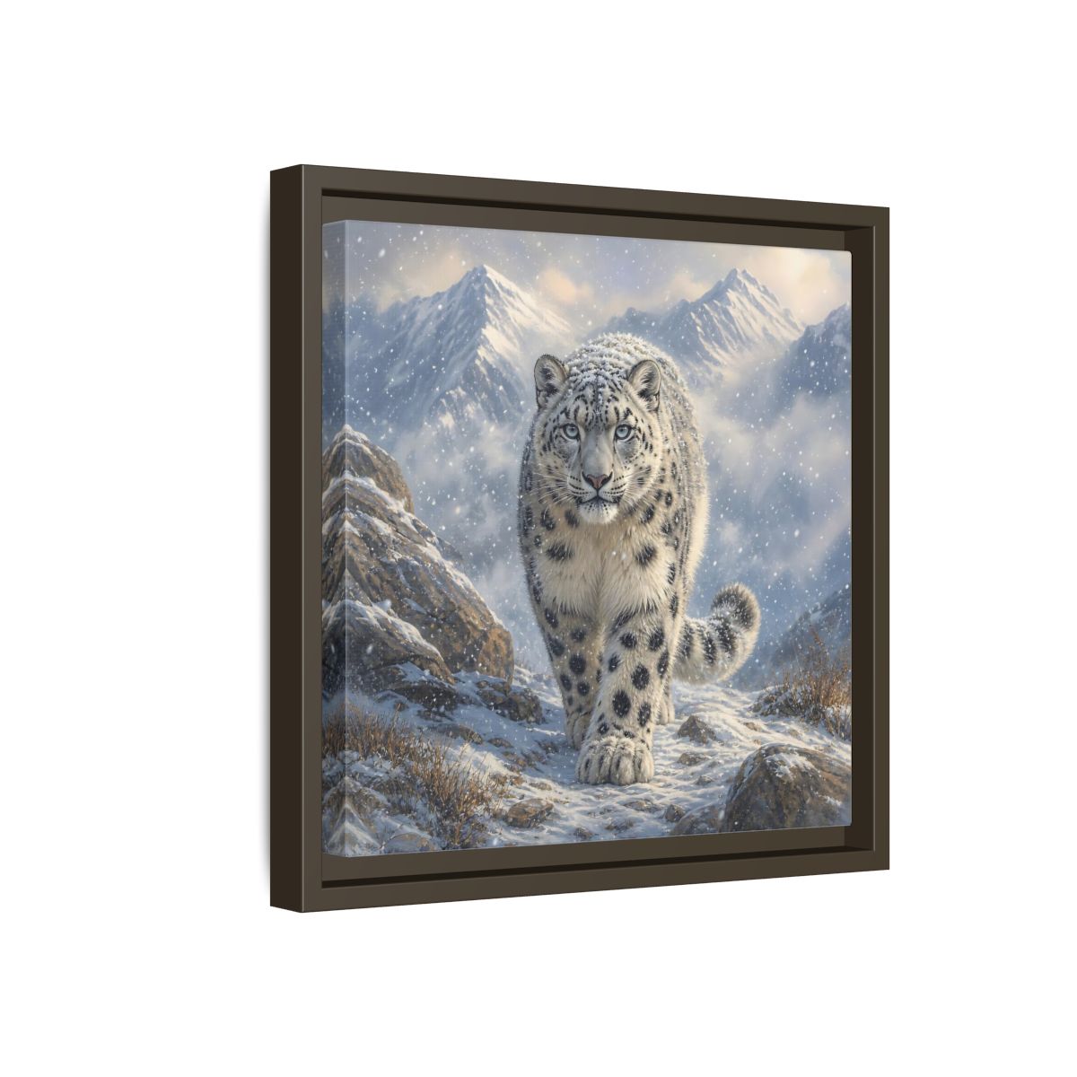 Side Mockup 17. Animals Snow Leopard Snow Leopard Winter shown as stretched canvas wall art