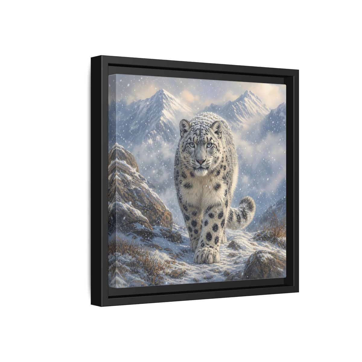 Side Mockup 18. Animals Snow Leopard Snow Leopard Winter shown as stretched canvas wall art