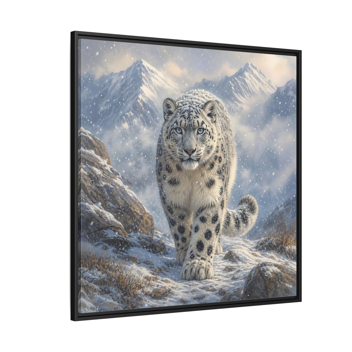 Side Mockup 6. Animals Snow Leopard Snow Leopard Winter shown as stretched canvas wall art