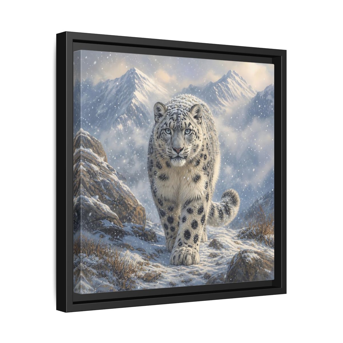 Side Mockup 32. Animals Snow Leopard Snow Leopard Winter shown as stretched canvas wall art