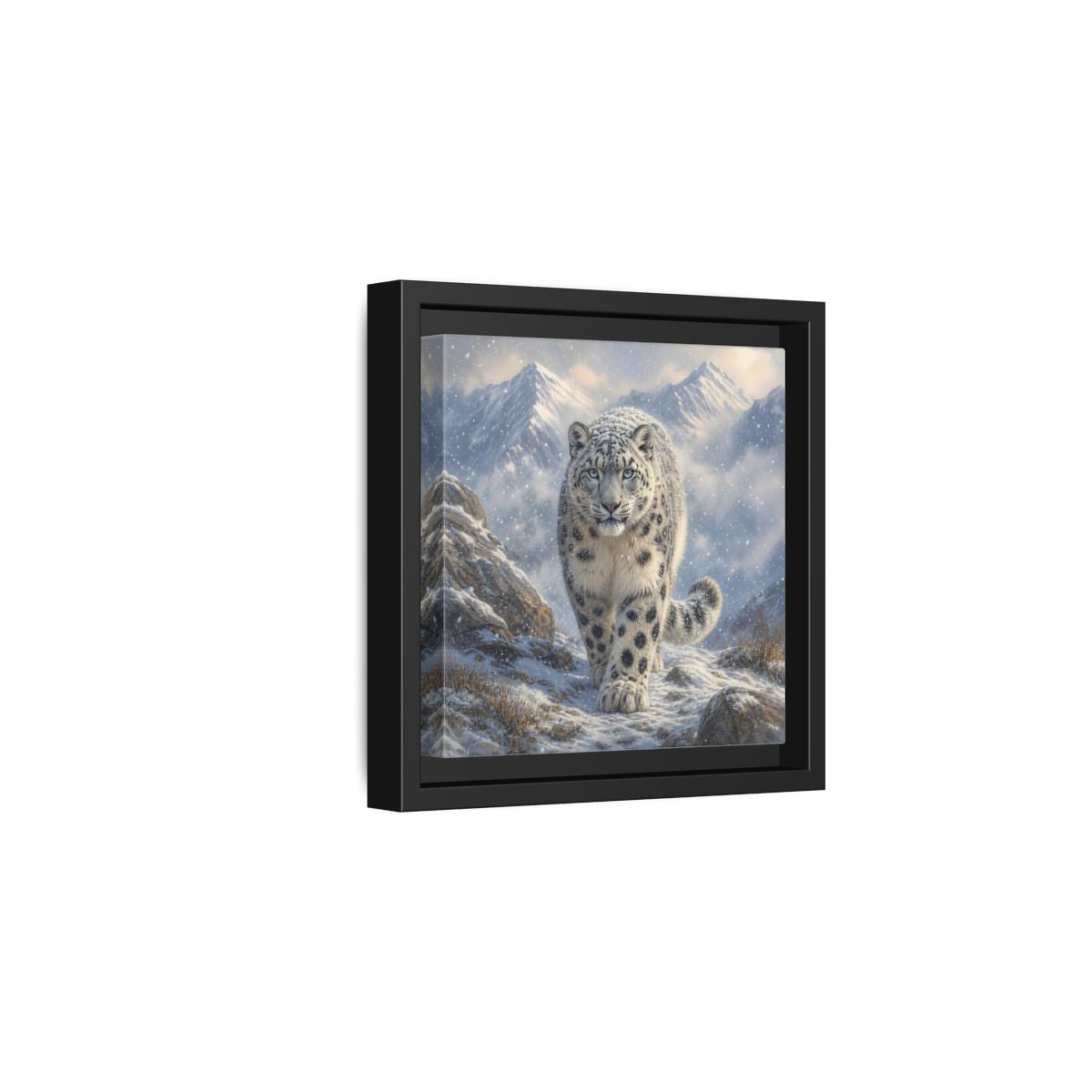 Side Mockup 3. Animals Snow Leopard Snow Leopard Winter shown as stretched canvas wall art