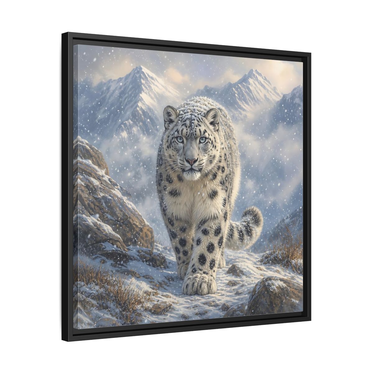Side Mockup 31. Animals Snow Leopard Snow Leopard Winter shown as stretched canvas wall art