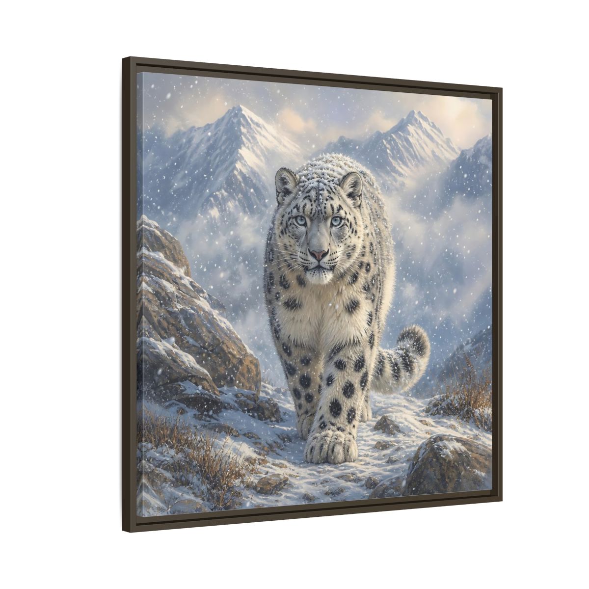 Side Mockup 8. Animals Snow Leopard Snow Leopard Winter shown as stretched canvas wall art