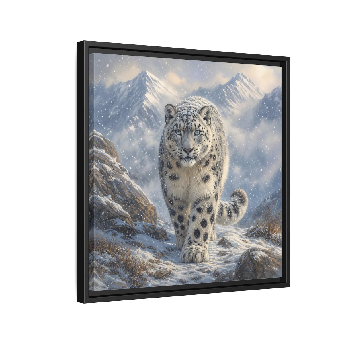 Side Mockup 12. Animals Snow Leopard Snow Leopard Winter shown as stretched canvas wall art